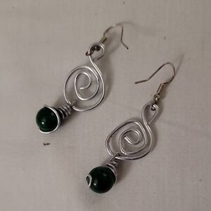 Silver Swirl Earrings with Green Accents